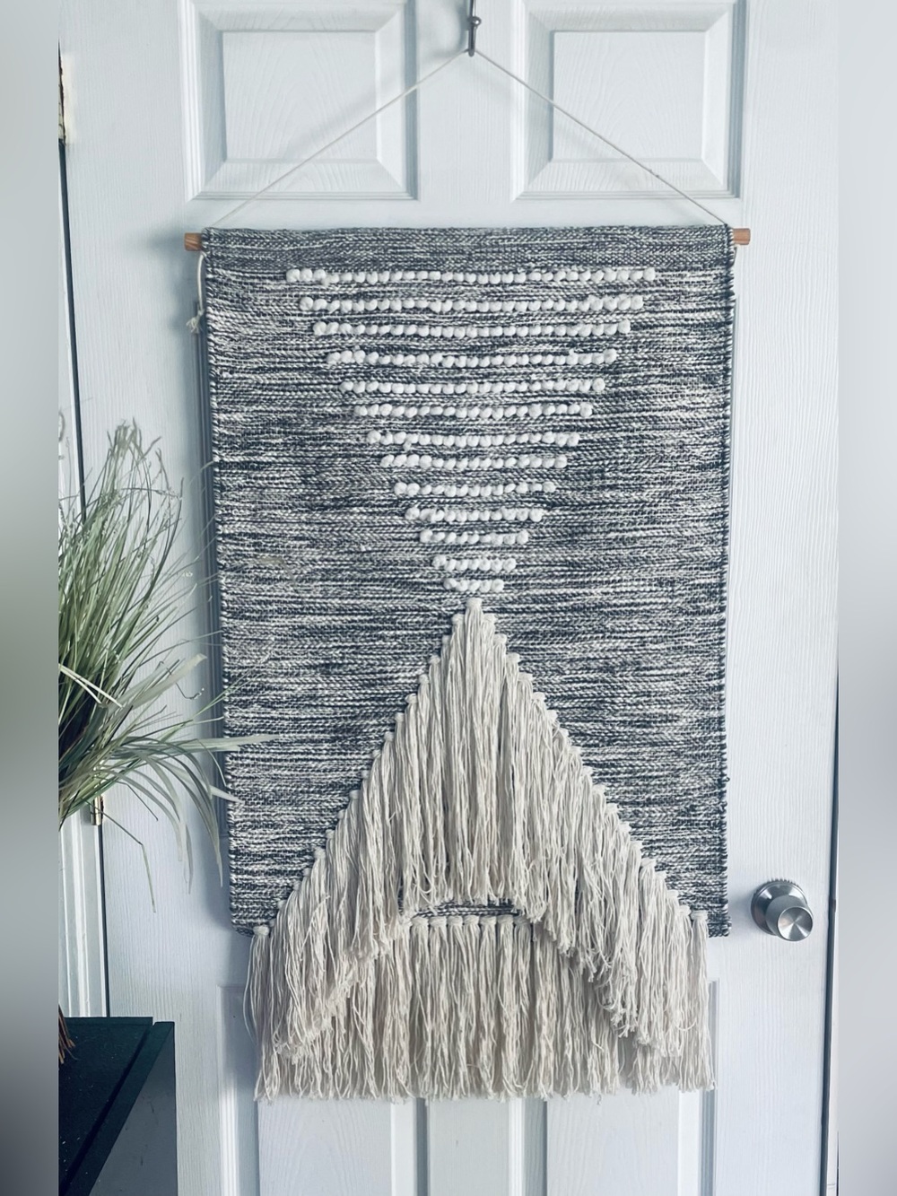 Boho Woven Wall Hanging Tapestry Fringe Geometric Design Black & White 23x38